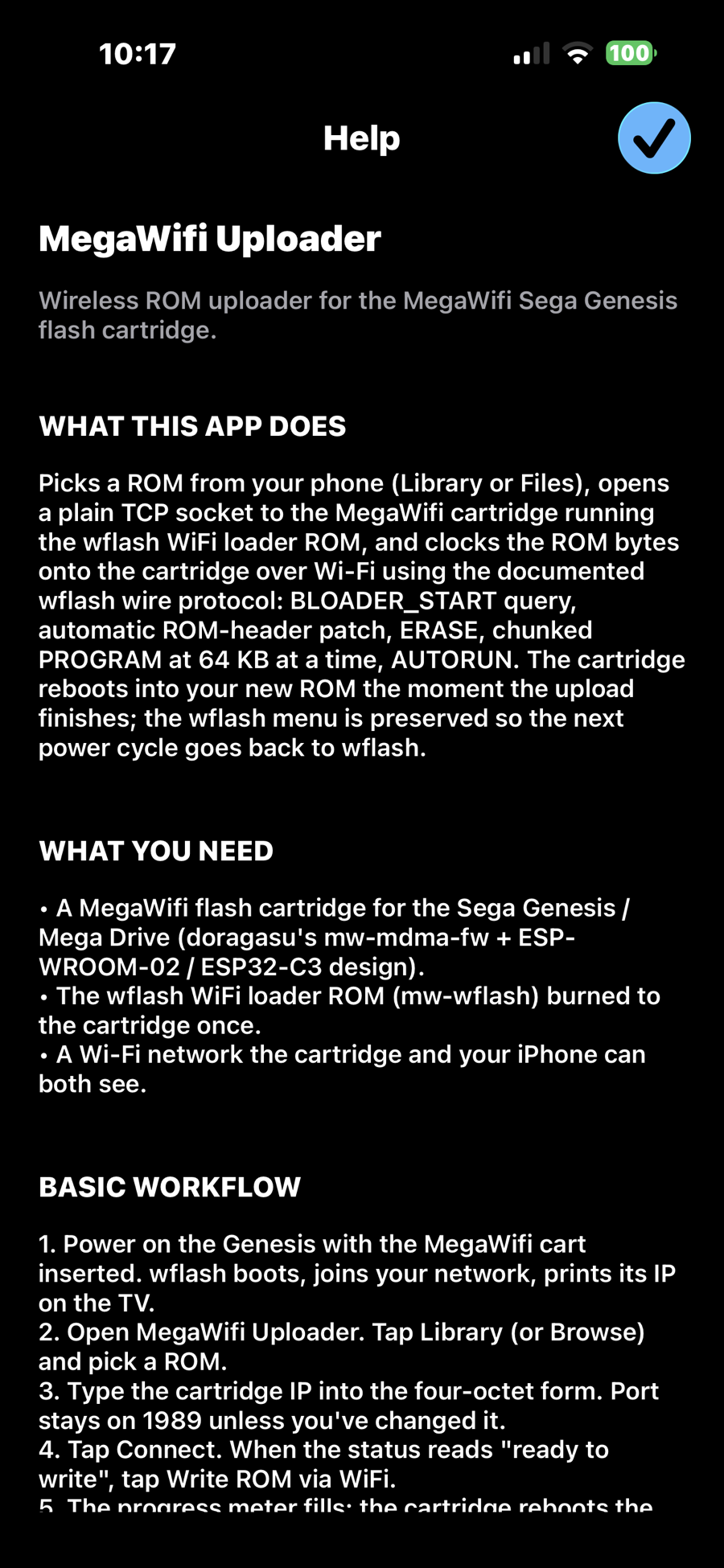 In-app Help screen with workflow, archives, and troubleshooting sections