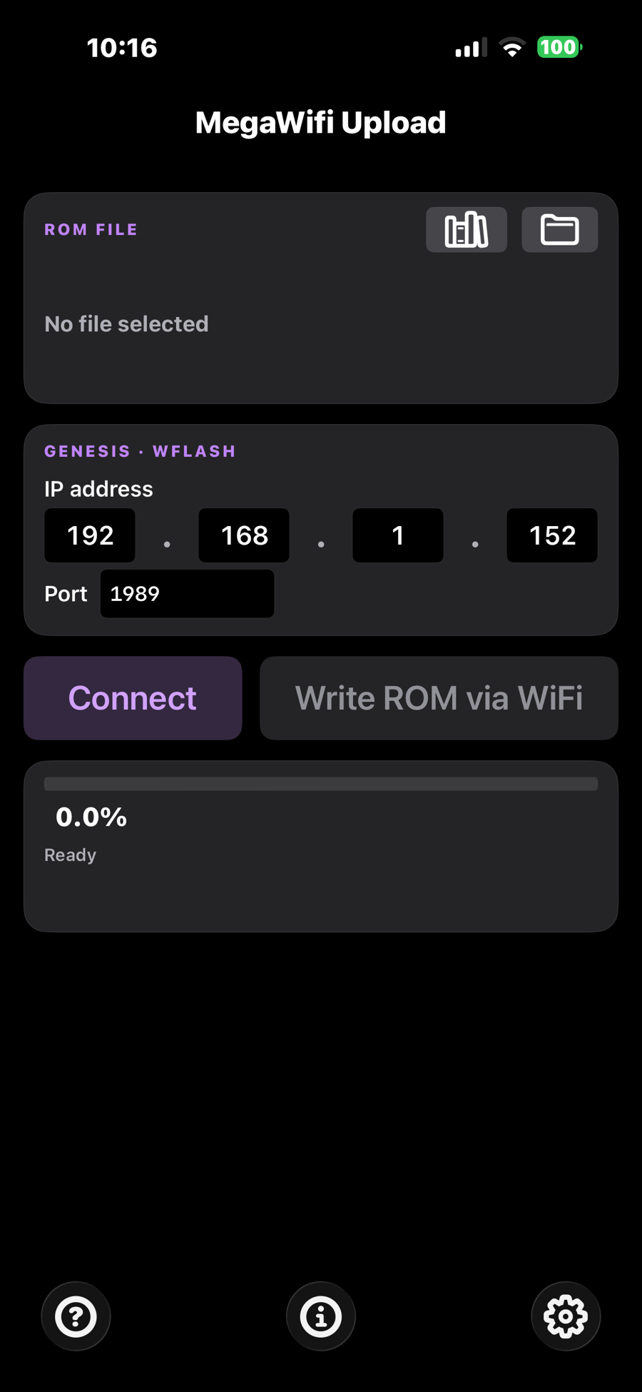 MegaWifi Uploader — main panel on iPhone in dark mode