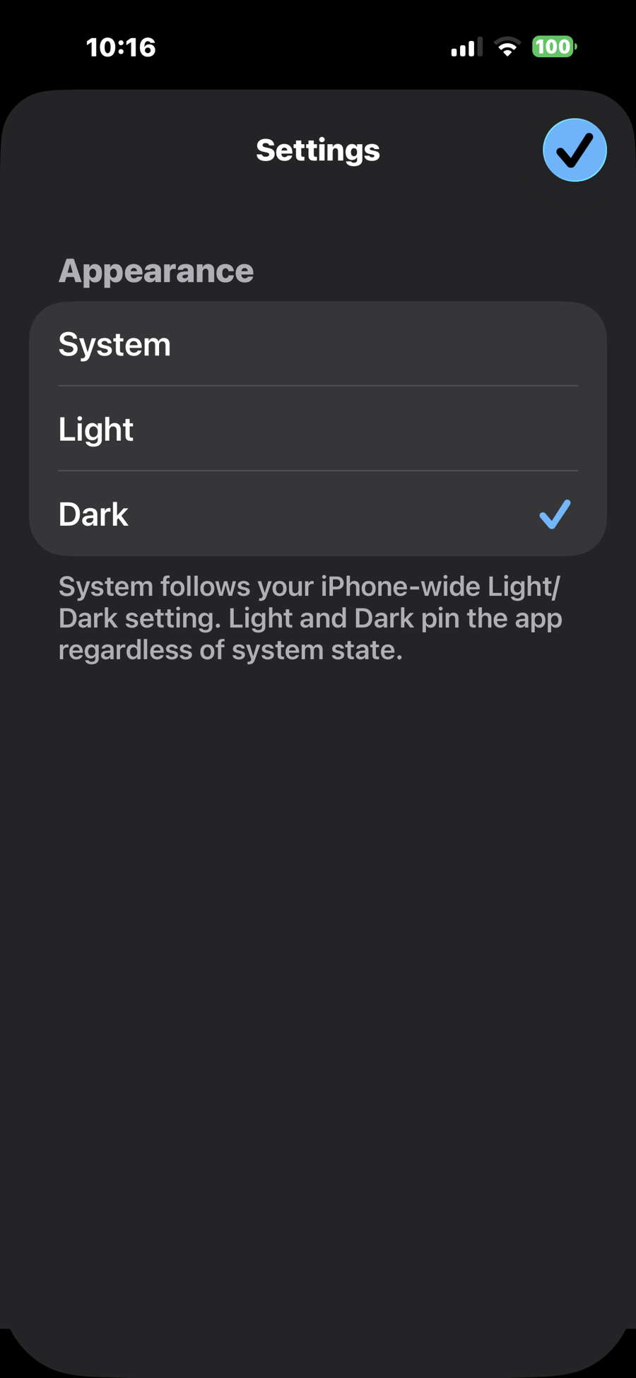 Settings screen with Light / Dark / System theme picker