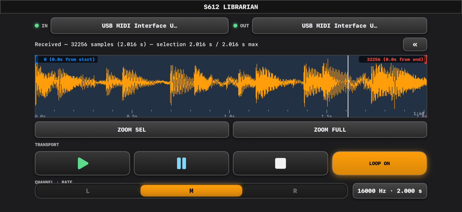 S612 Librarian in landscape — waveform left, controls right