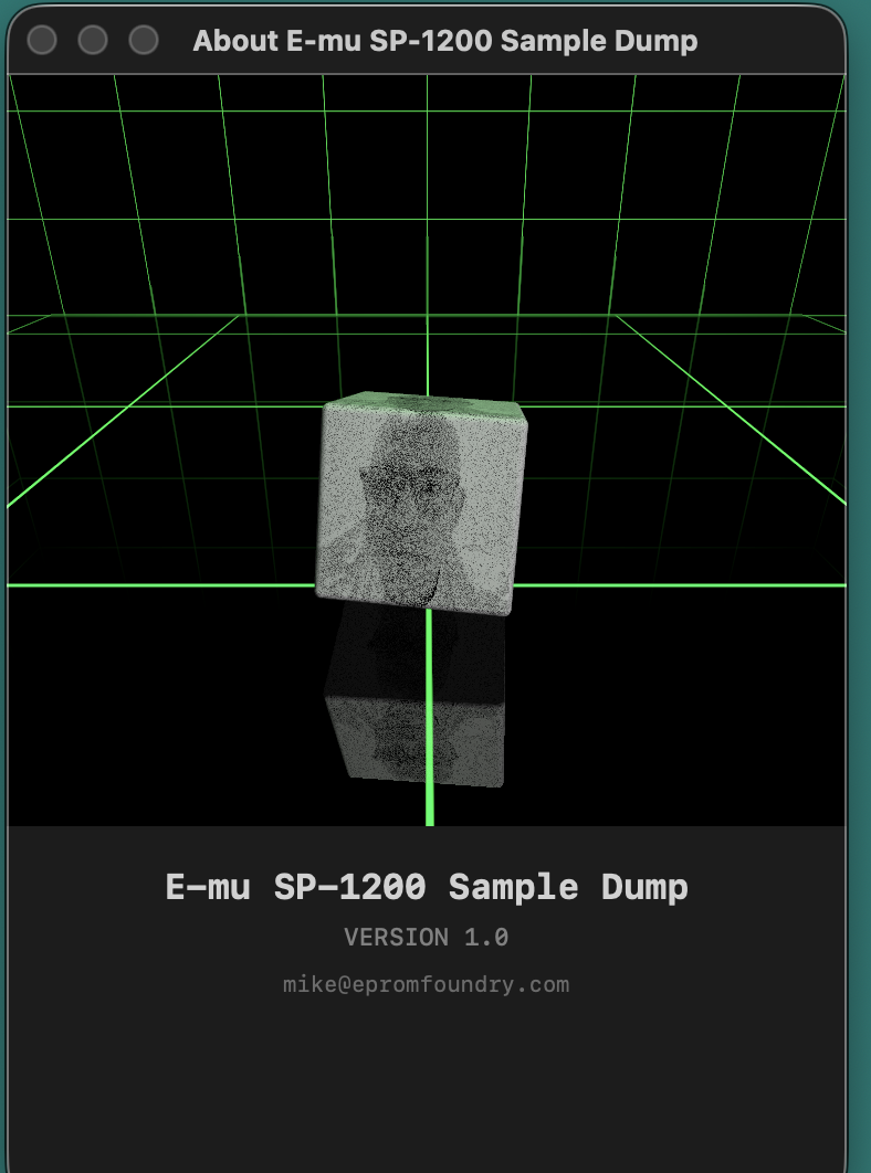 About window — SceneKit-rendered 3D animated cube with version and credits