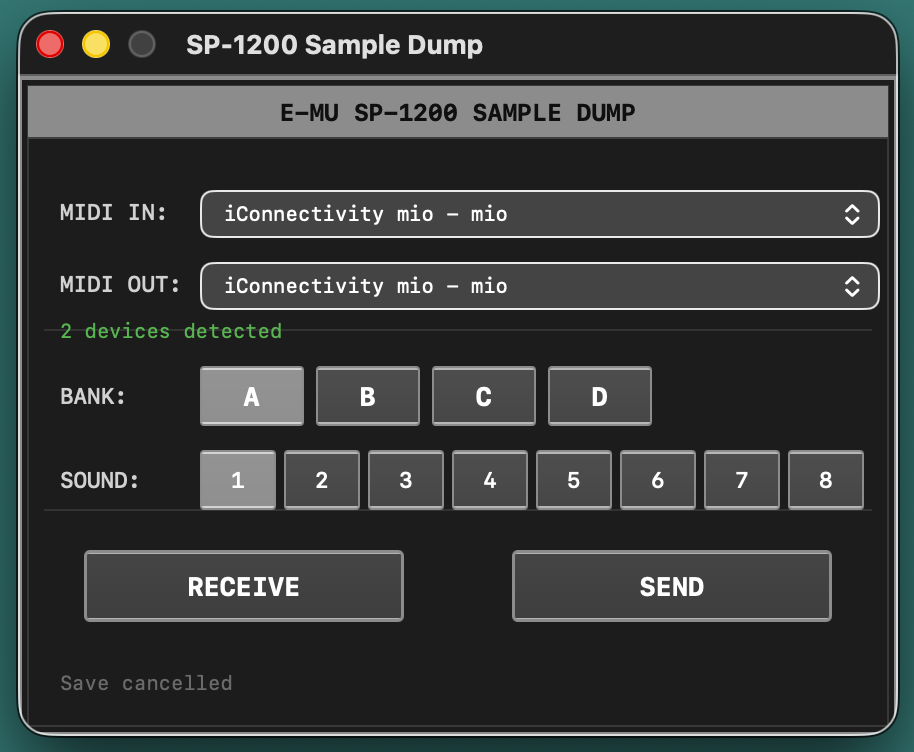 Main panel — MIDI device pickers, bank A–D and sound 1–8 buttons, RECEIVE and SEND action buttons
