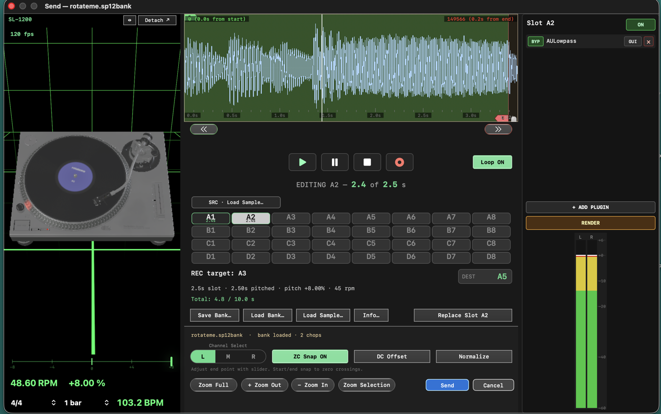 SP-1200 Sample Dump send preparation panel — waveform with chop bank, virtual SL-1200 turntable deck, and AU plugin chain channel strip