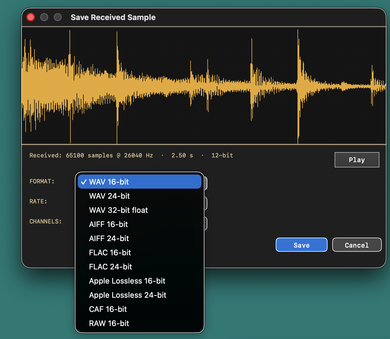Save panel format dropdown listing WAV, AIFF, FLAC, Apple Lossless, CAF, and RAW options