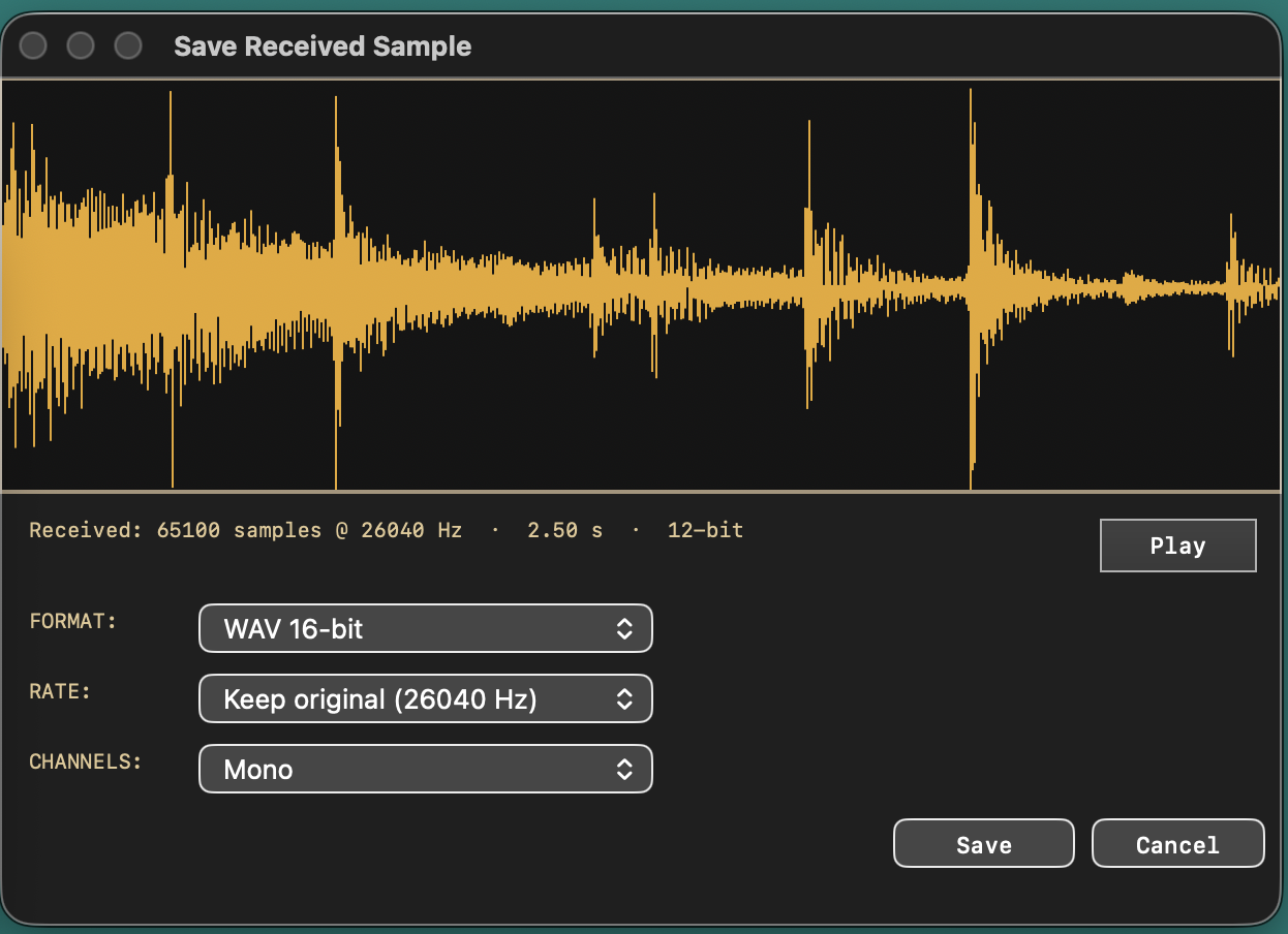 Save panel after a successful receive, showing the waveform of the received sample with format and rate options