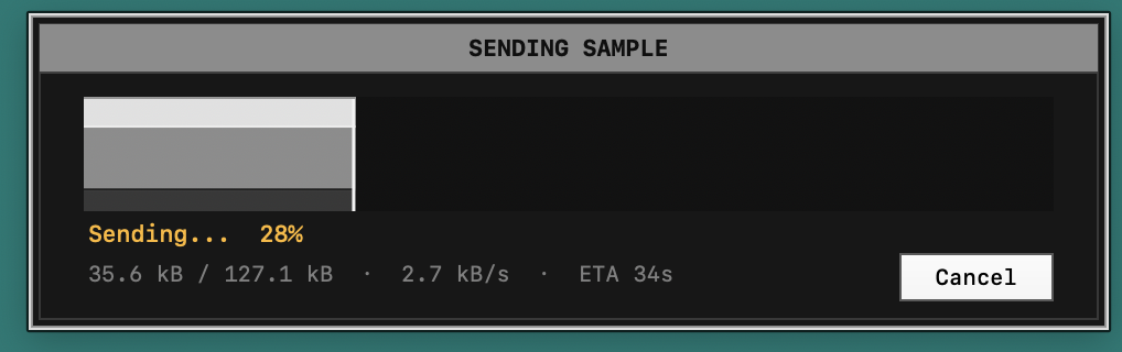 Cell-shaded grayscale progress bar showing a sample upload in flight, with rate and ETA