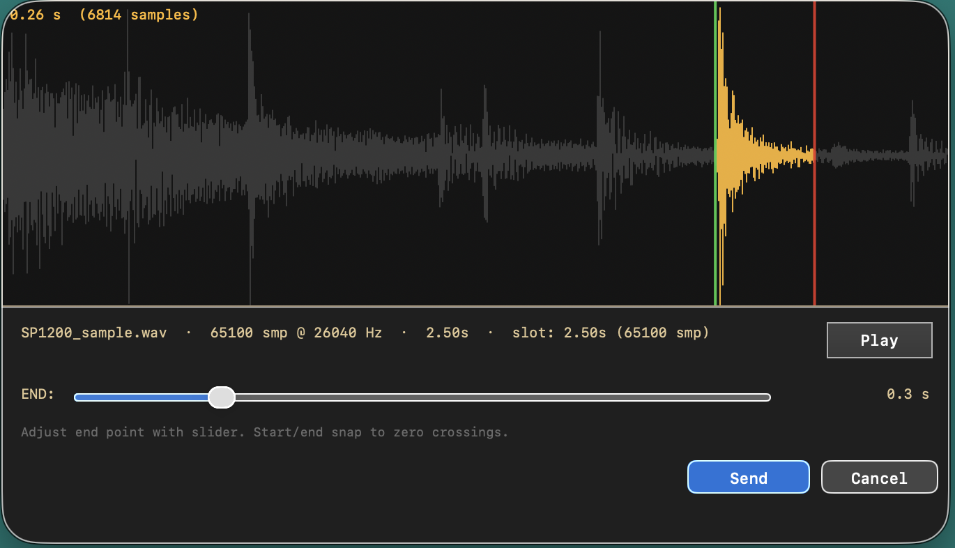 Send preparation panel showing a longer file with the 2.5-second send region positioned mid-track