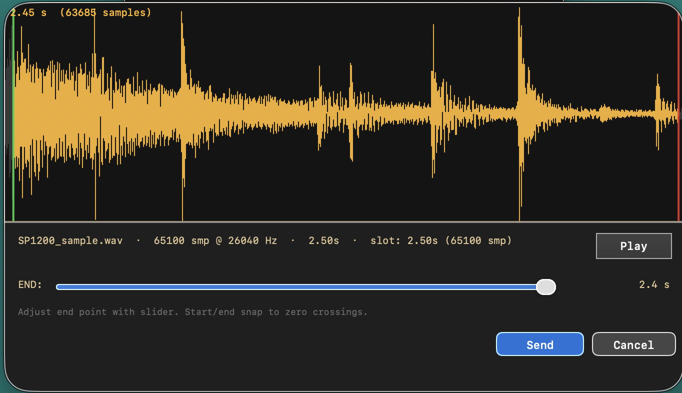 Send preparation panel showing a full audio file as a waveform with a highlighted 2.5-second region
